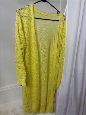 Open-Knit Long Yellow Cardigan